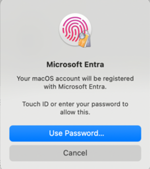 Captura de tela de um prompt de registro do Microsoft Entra que aparece no macOS 14 depois que a notificação de registro necessário é selecionada.