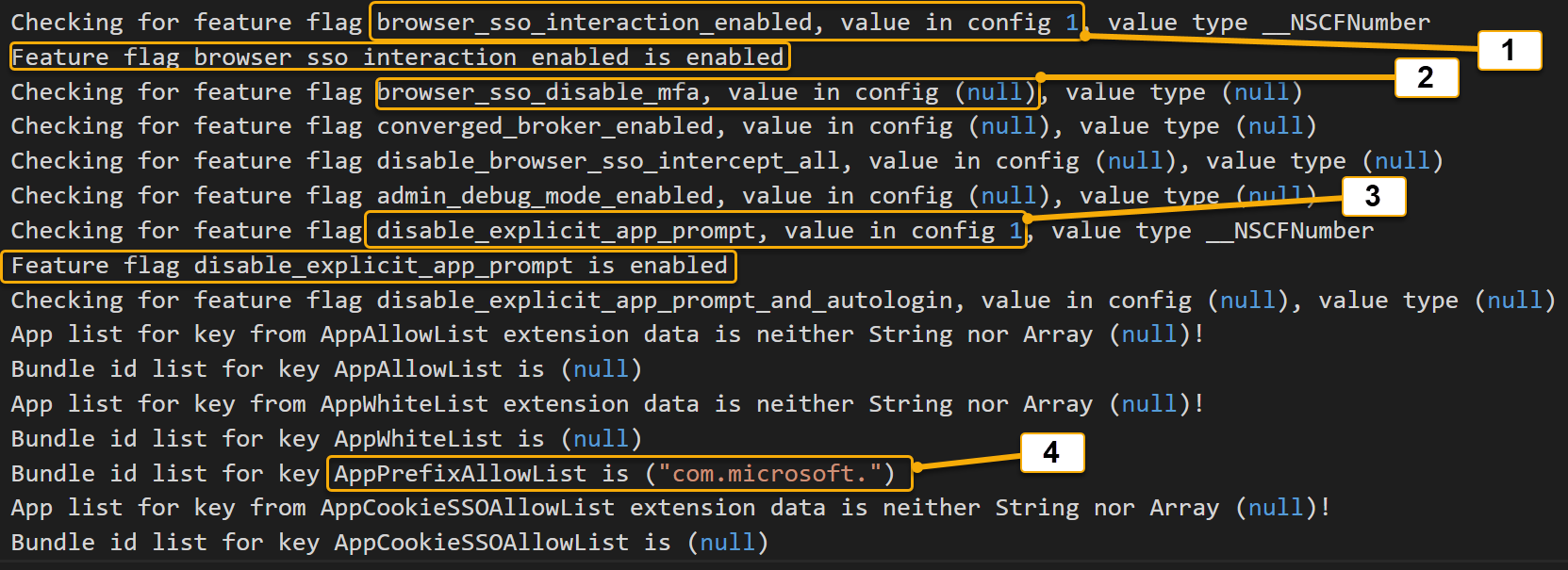 Captura de tela mostrando um exemplo de configuração de sinalizador de recurso da extensão Microsoft SSO.