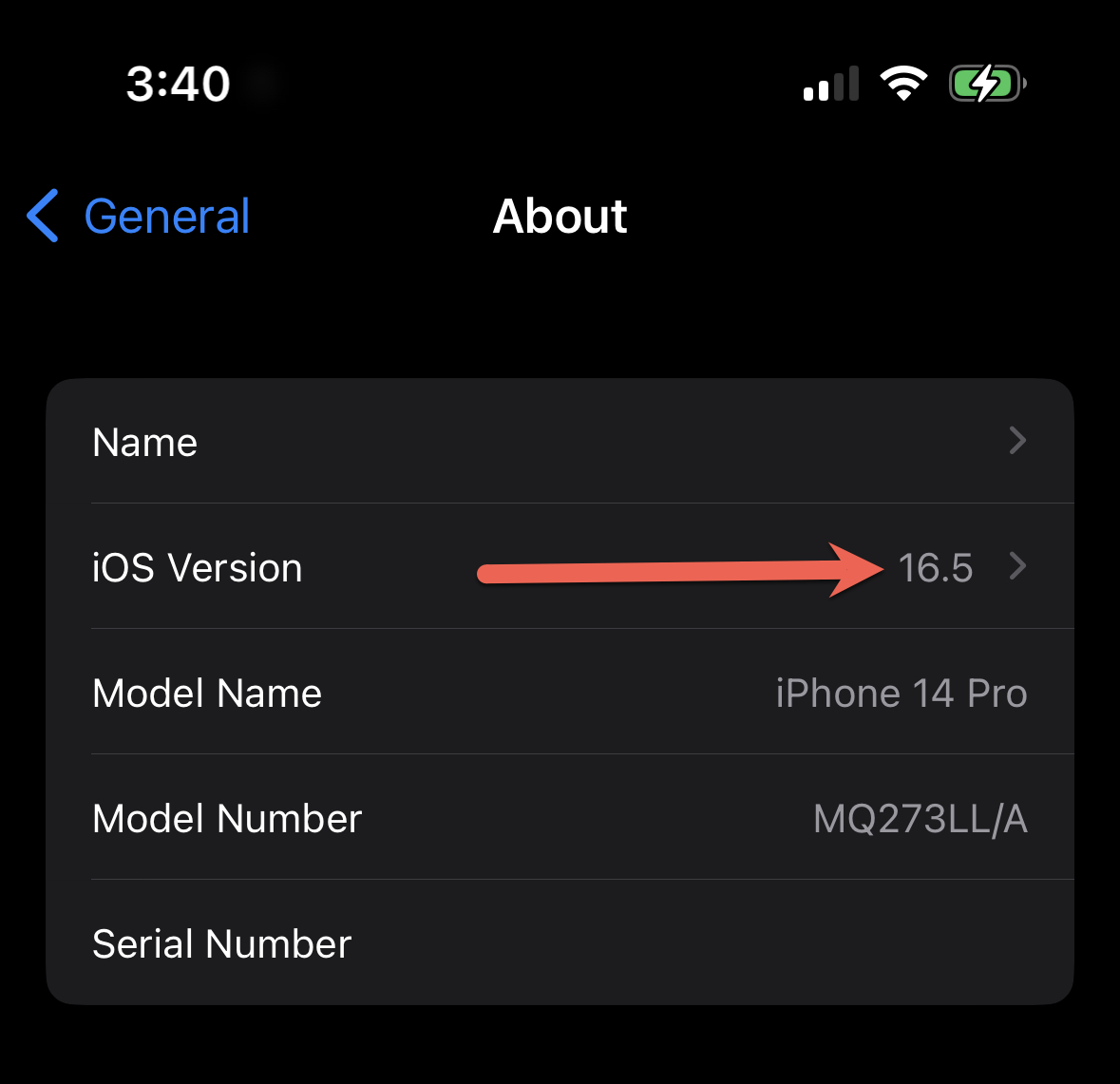 Captura de ecrã a mostrar a versão do iOS na aplicação Definições.