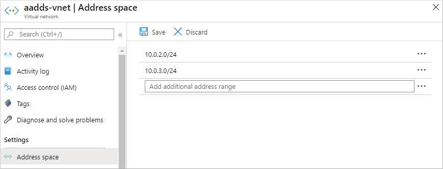 Adicione um intervalo de endereços IP de rede virtual adicional no centro de administração do Microsoft Entra