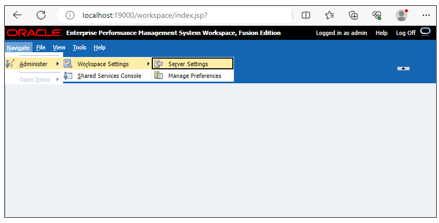 A captura de tela mostra as opções Configurações do espaço de trabalho e Configurações do servidor.