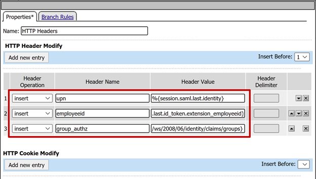 Captura de ecrã da entrada de cabeçalho, em Modificação de Cabeçalho HTTP, no separador Propriedades.