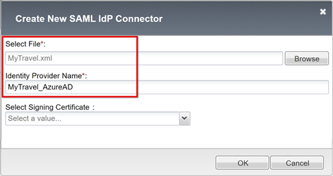 Captura de tela da entrada Selecionar Nome do Arquivo e do Provedor de Identidade em Criar Novo Conector IdP SAML.