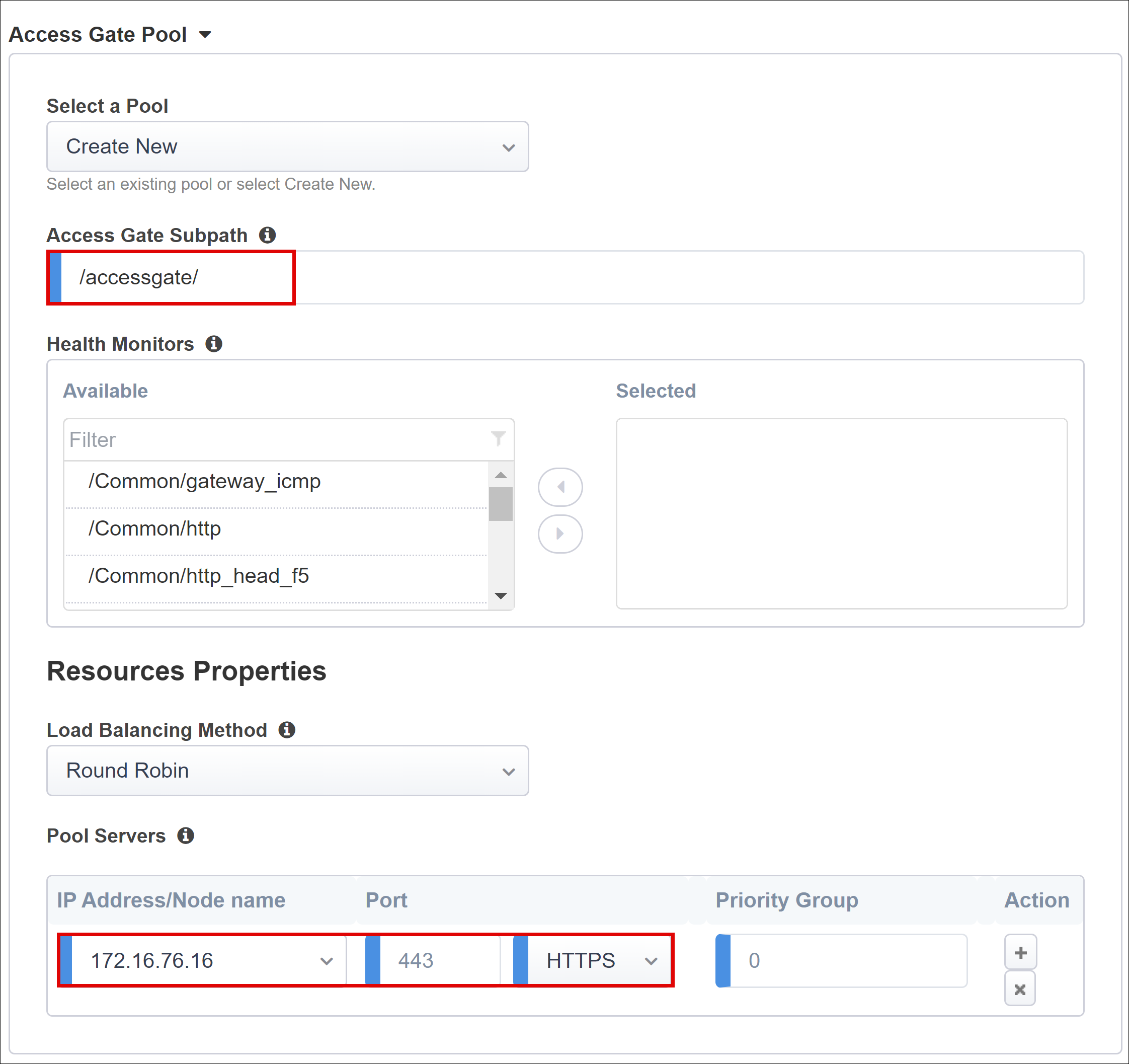 Captura de ecrã das opções e entradas para o Access Gate Pool.