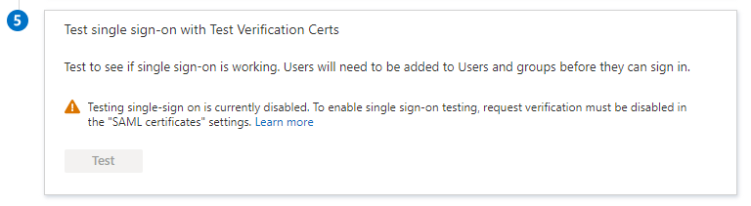 Captura de tela do aviso de teste desativado quando solicitações assinadas habilitadas na página Aplicativo Empresarial.