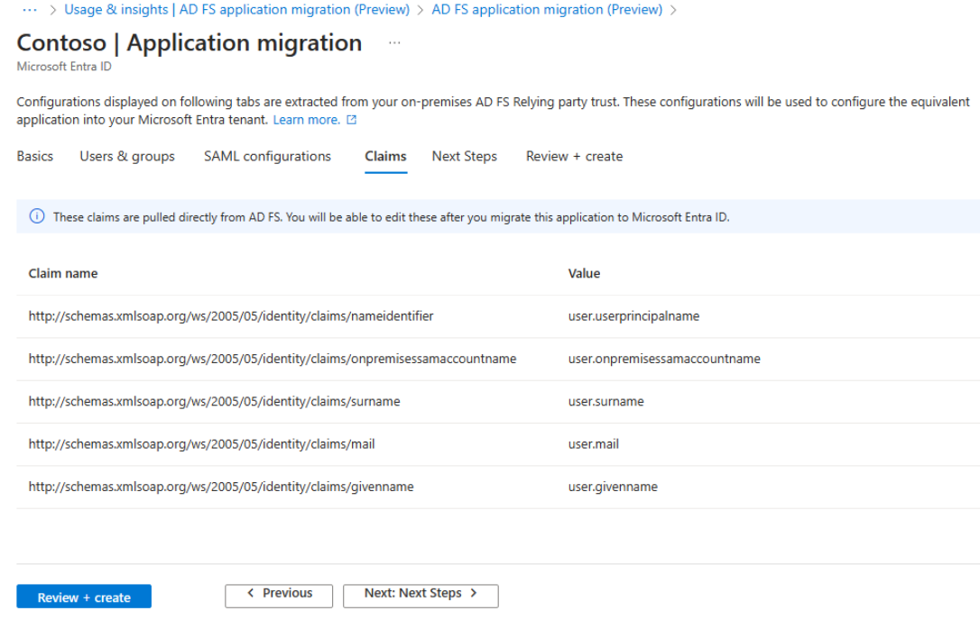 Captura de ecrã do separador de configurações de declarações de migração de aplicações do AD FS.