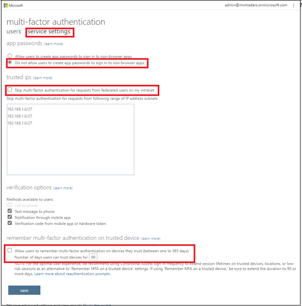 Captura de ecrã do ecrã de autenticação multifator com as definições de serviço realçadas.