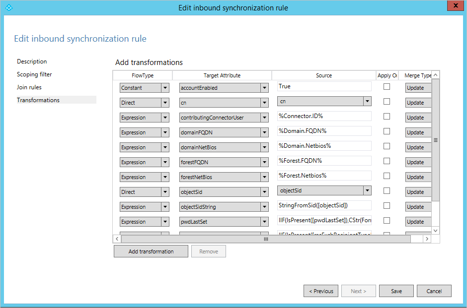 Transformações no separador do editor de regras de sincronização