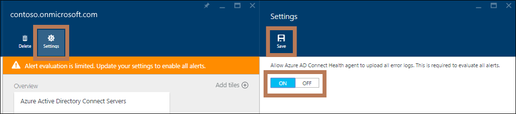 Captura de tela da opção Configurações em destaque e da seção Configurações com a opção Salvar e a opção ATIVADA em destaque.