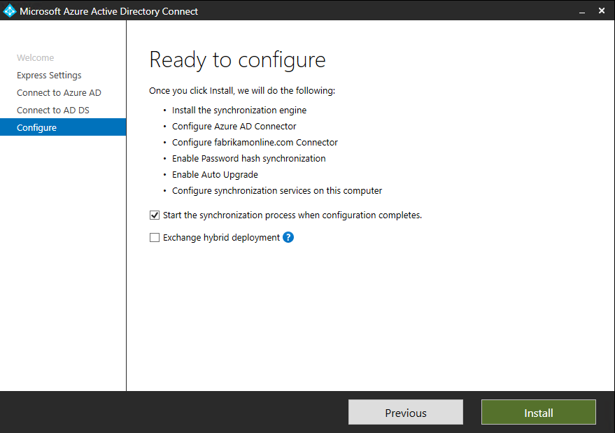 Captura de tela que mostra a página Pronto para configurar o Microsoft Entra Connect no assistente.