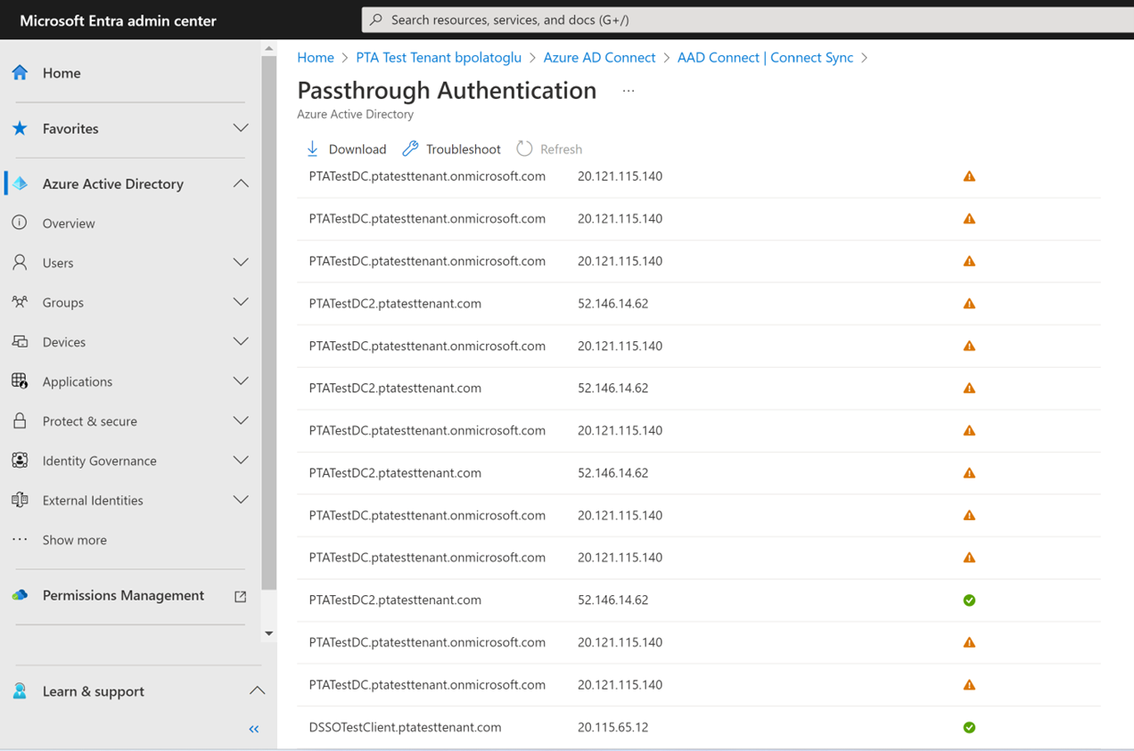 A captura de tela mostra o Centro de Administração do Microsoft Entra: painel de Autenticação Pass-Through.