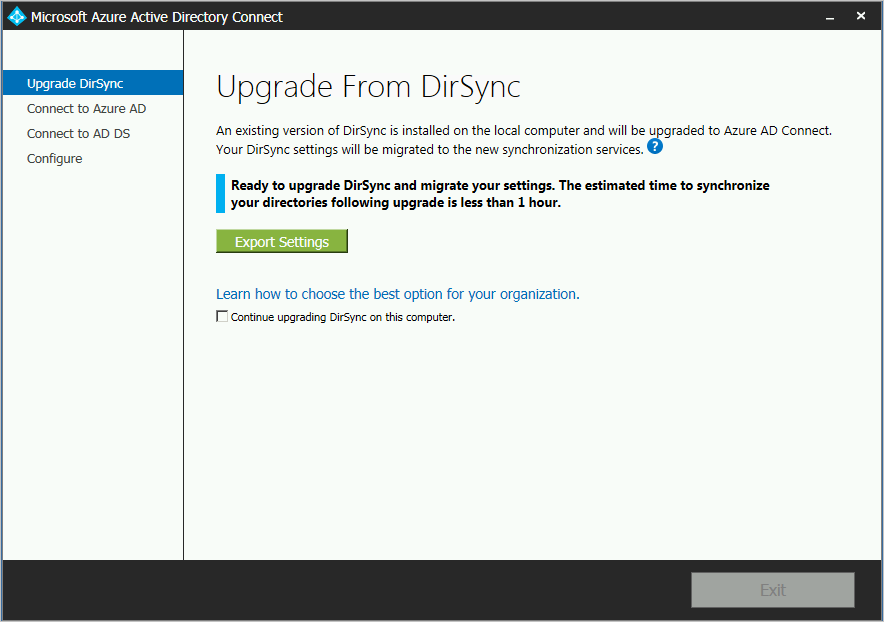 Captura de tela que mostra a opção Exportar configurações para migrar suas configurações para a nova instalação do Microsoft Entra Connect.