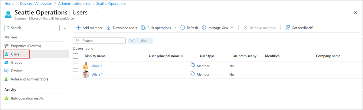 Screenshot of the Groups page displaying a list of groups in an administrative unit.