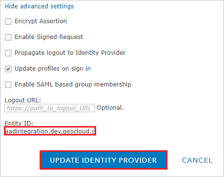 A captura de tela mostra onde obter o Entity I D e atualizar o provedor de identificação.