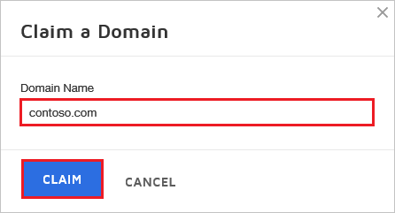 Captura de ecrã da caixa de diálogo Reivindicar um Domínio/Nome de Domínio.