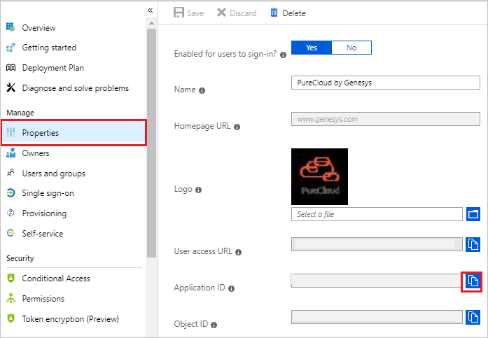 Screenshot shows the Properties pane where you can find the Application ID value.