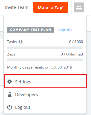 Consola de administração do Zapier