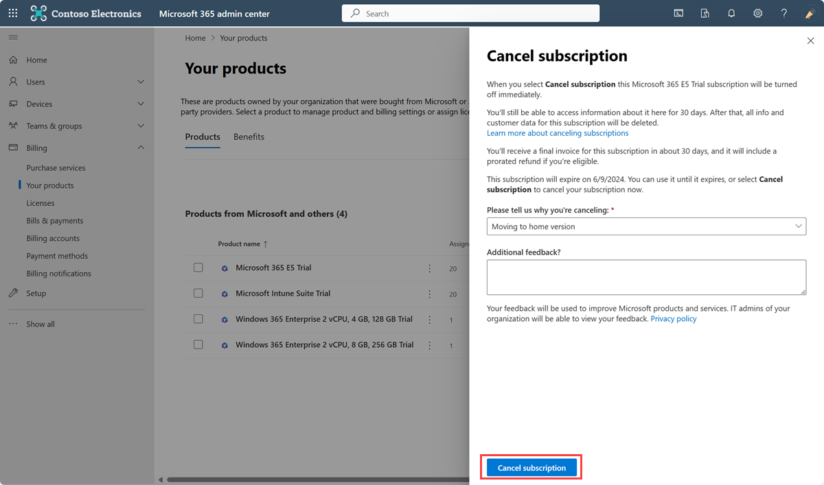 Captura de ecrã que mostra as opções de comentários e o botão para cancelar uma subscrição.