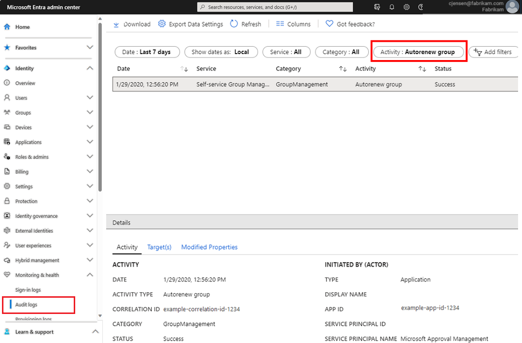 Captura de ecrã que mostra a renovação automática de grupos com base na atividade.