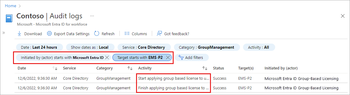 Captura de ecrã dos filtros de registo de auditoria do Microsoft Entra e das horas de início e fim das alterações de licença.