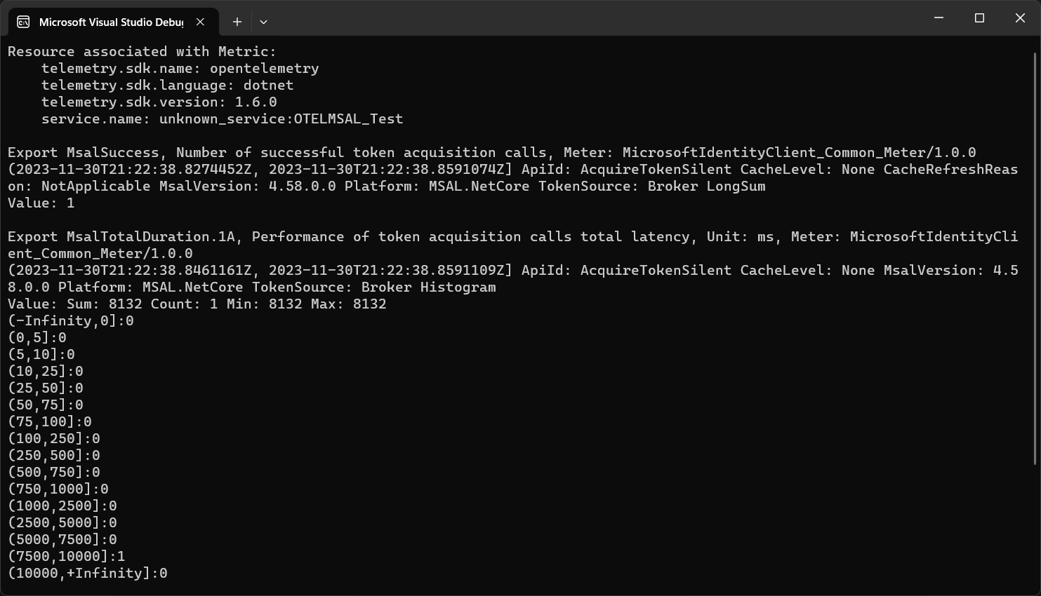 Example of OpenTelemetry outputting metrics to the terminal