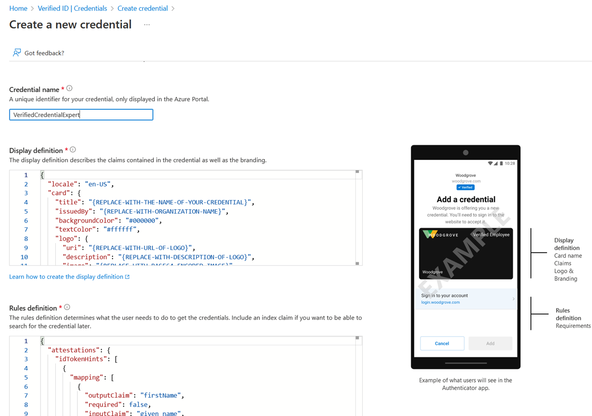 Captura de tela da página 'Criar uma nova credencial', exibindo exemplos JSON para os arquivos de exibição e regras.