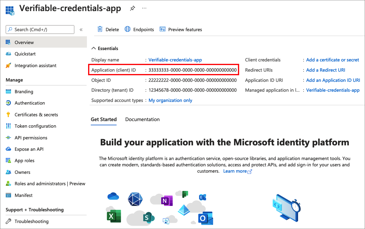 Captura de ecrã que mostra como copiar o ID de registo da aplicação.