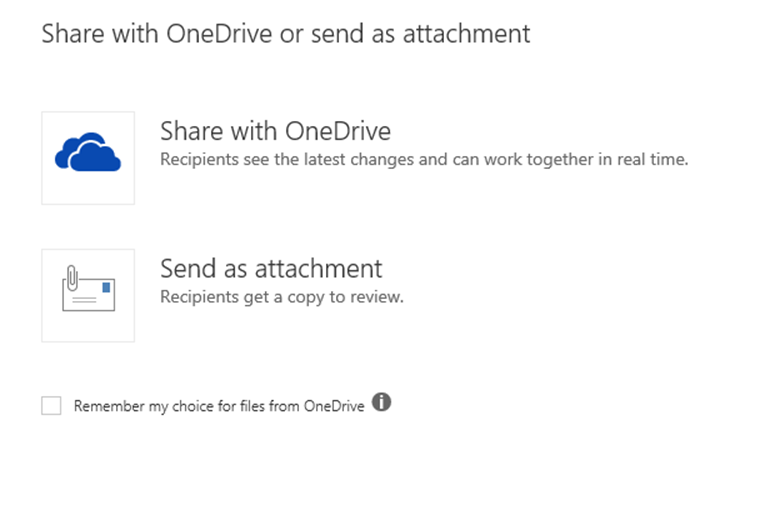 Caixa de diálogo Opções de anexo, Compartilhar com o OneDrive ou Enviar como anexo.