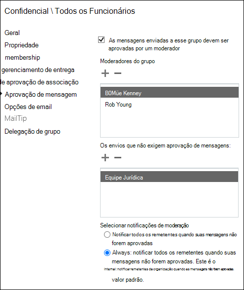 Configurações de aprovação de mensagem para um grupo de distribuição.