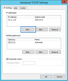 Janela Configurações avançadas de TCP/IP das propriedades do adaptador de rede.