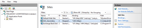 No Gerenciador do IIS, selecione o novo site do EAC no painel Sites.