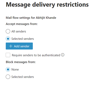 A tela Restrições de entrega de mensagens na qual pessoas específicas são configuradas como remetentes.