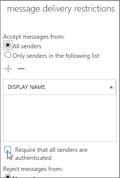 Captura de ecrã da caixa de diálogo de restrições de entrega de mensagens.