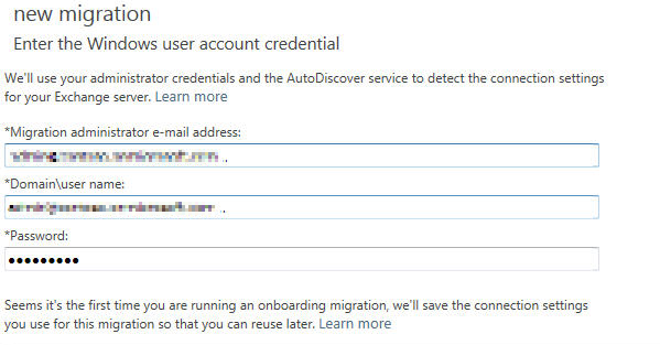 Captura de ecrã a mostrar a página Introduzir a credencial da conta de utilizador do Windows para migração de transferência.