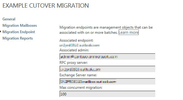 Captura de ecrã da página Migração de Transferência de Exemplo.