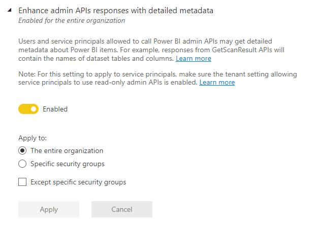 Captura de tela da resposta aprimorada da API de administração com a configuração detalhada do locatário de metadados.