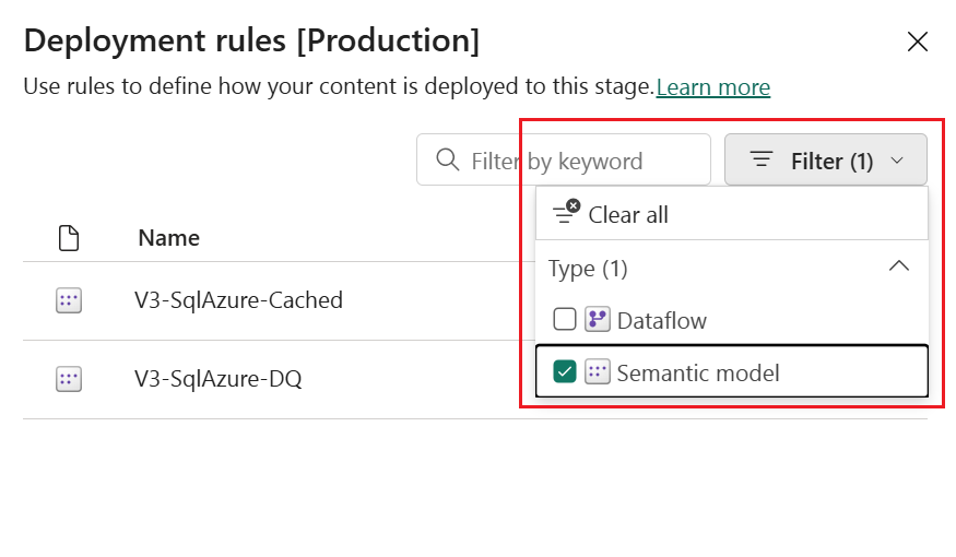 Uma captura de tela do painel de regras de implantação na nova interface do usuário, mostrando que você pode definir regras para fluxos de dados, conjuntos de dados, datamarts e relatórios paginados.