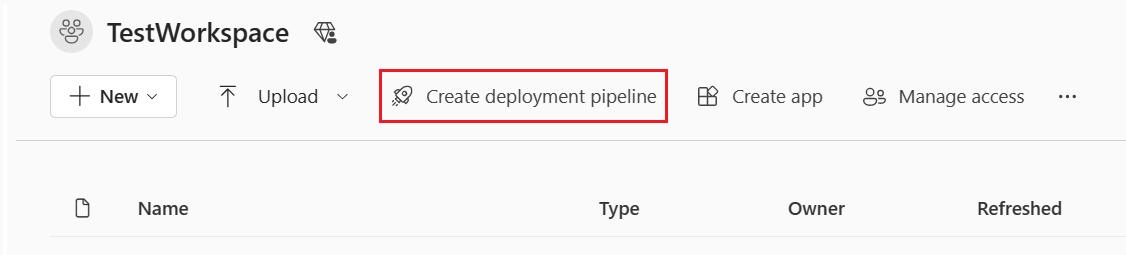 Captura de tela do botão para criar um pipeline em um espaço de trabalho.