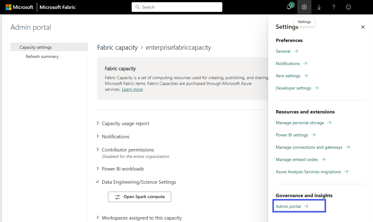 Captura de tela mostrando onde selecionar as configurações do Portal de Administração.