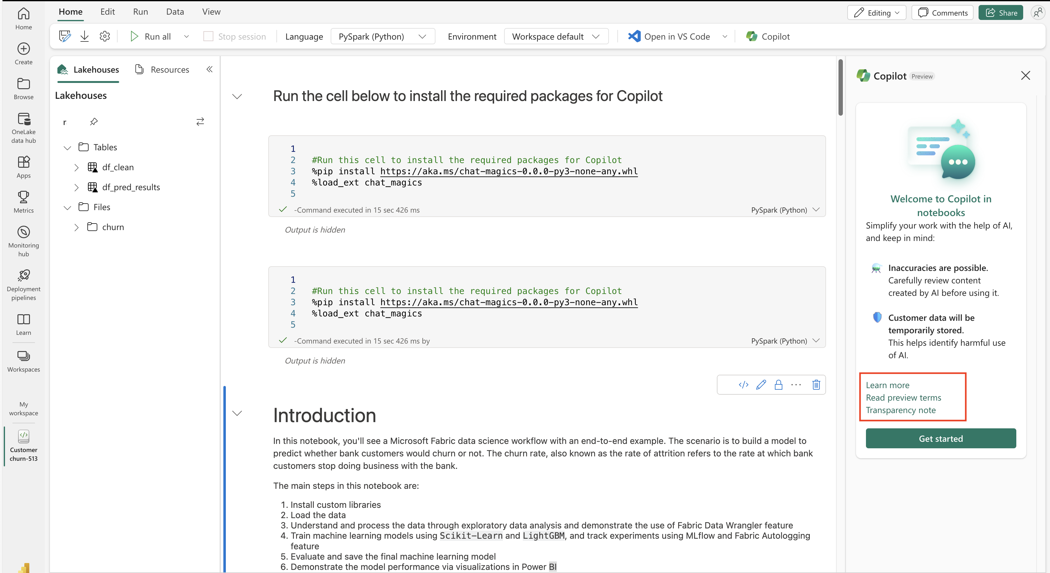 Captura de tela mostrando Copilot painel de links úteis.