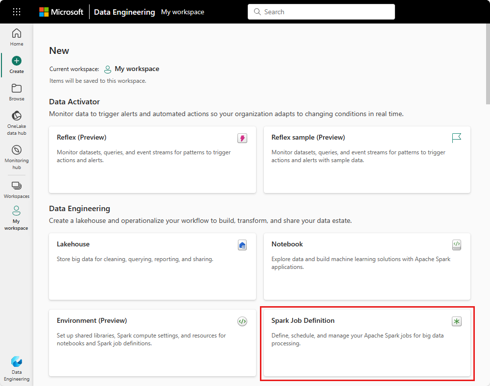 Captura de tela mostrando onde selecionar a definição de trabalho do Spark no Hub Criar.