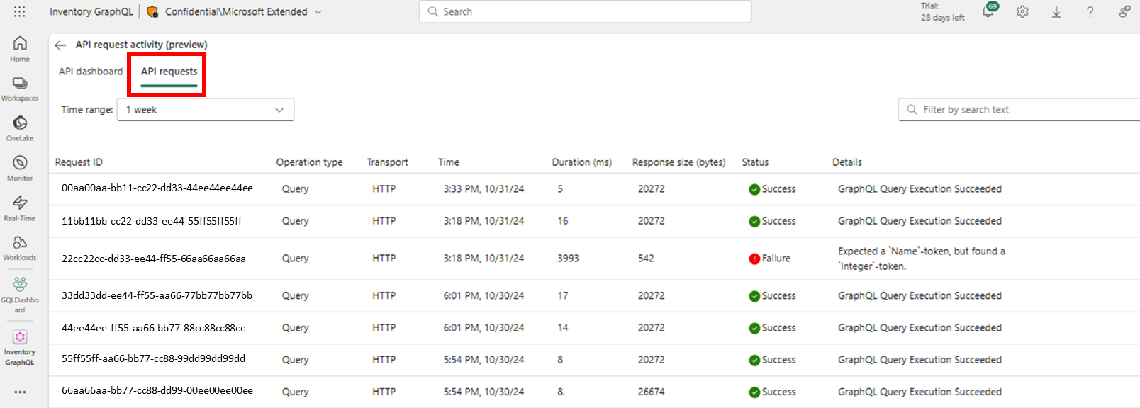 Captura de tela da página de solicitação de API mostrando a lista de solicitações.