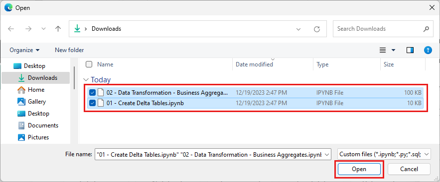 Captura de ecrã a mostrar onde encontrar os blocos de notas transferidos e o botão Abrir.