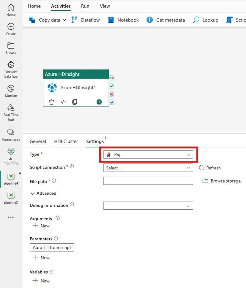 Captura de tela mostrando a seleção do tipo Pig para o cluster HDInsight.