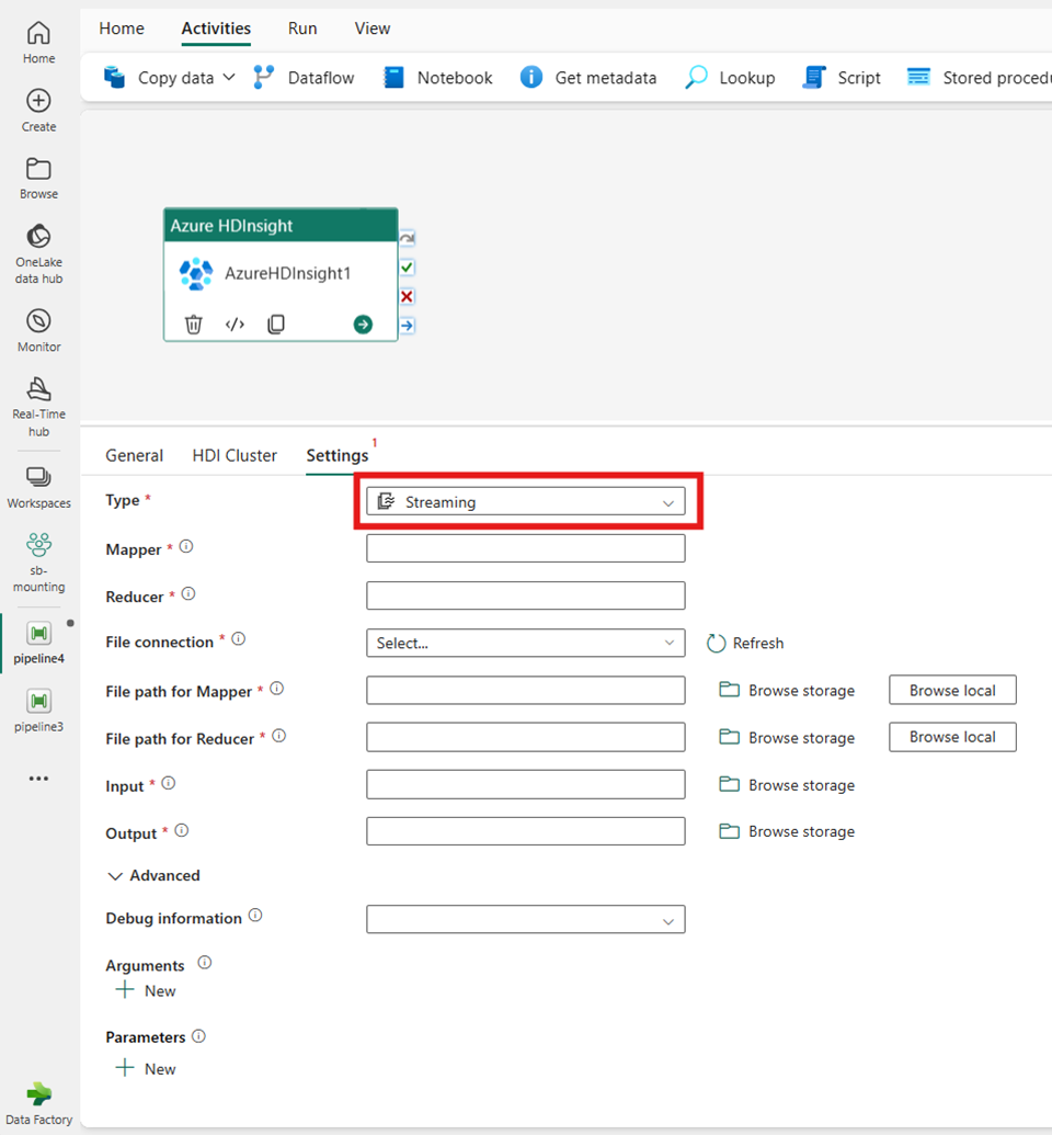 Captura de tela mostrando a seleção do tipo de Streaming para o cluster HDInsight.