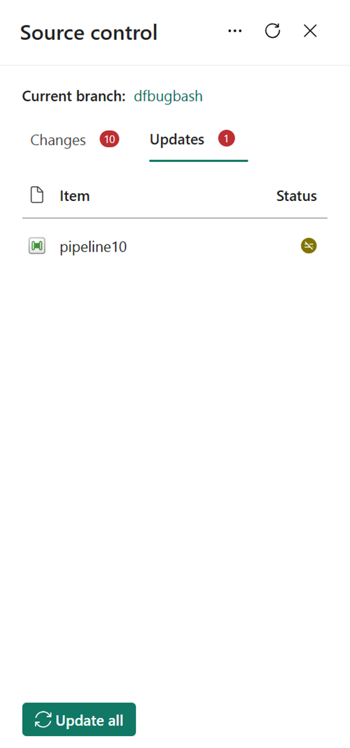 Captura de tela mostrando a guia Atualizações da caixa de diálogo Controle do código-fonte na interface do usuário da malha.