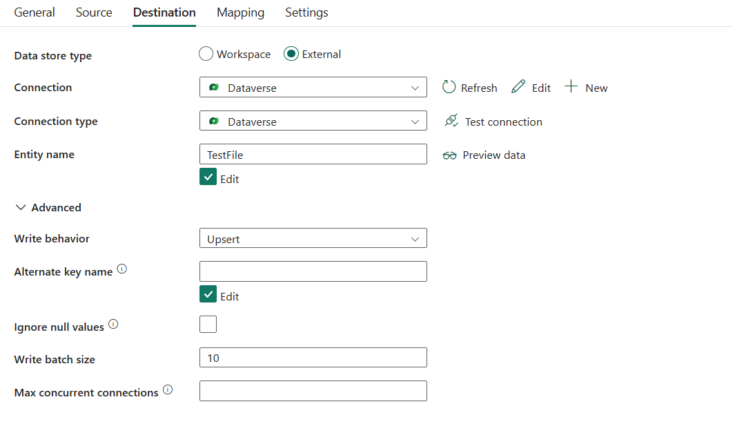 Screenshot showing destination tab and the list of properties.