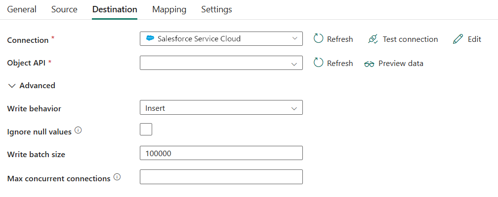 Screenshot showing destination tab and the list of properties.