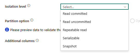 Captura de ecrã a mostrar as definições de nível de isolamento.