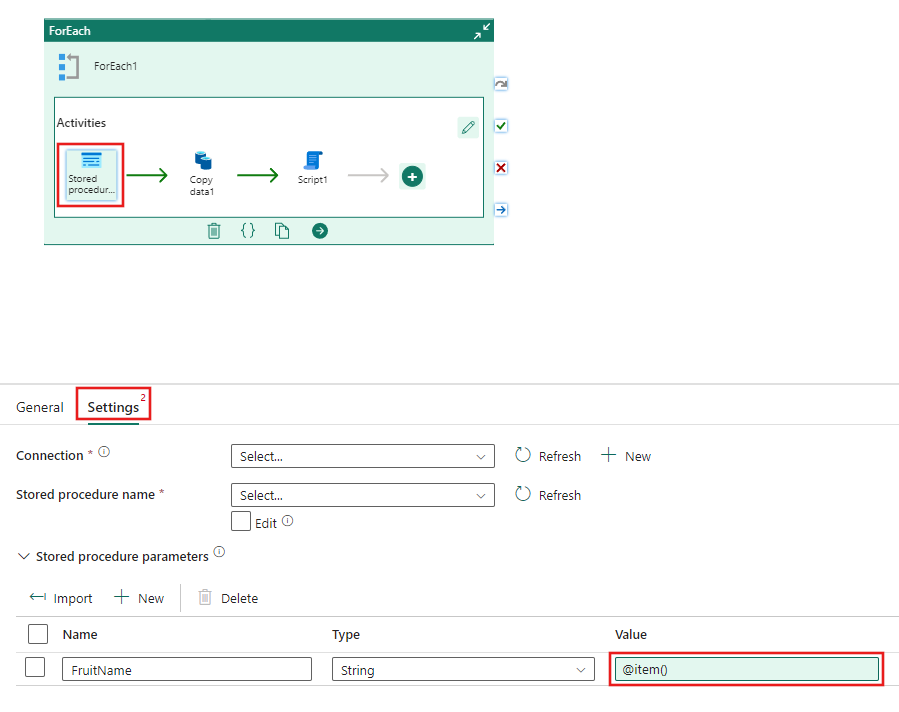 Captura de ecrã mostrando uma atividade subordinada de procedimento armazenado com um parâmetro que utiliza o @item() atual da lista de itens ForEach para o seu valor.